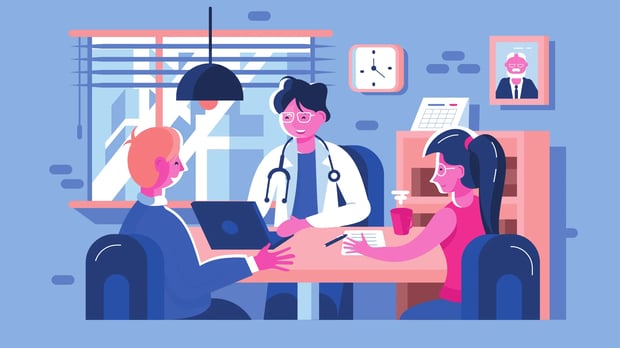  doctor talking to people at table 